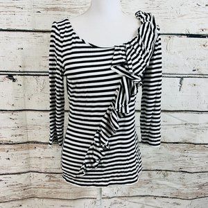 White House Black Market Women's Top 3/4 Sleeve Striped Ruffle Round Neck Medium